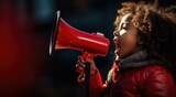 a child speaking with a red megaphone black woman