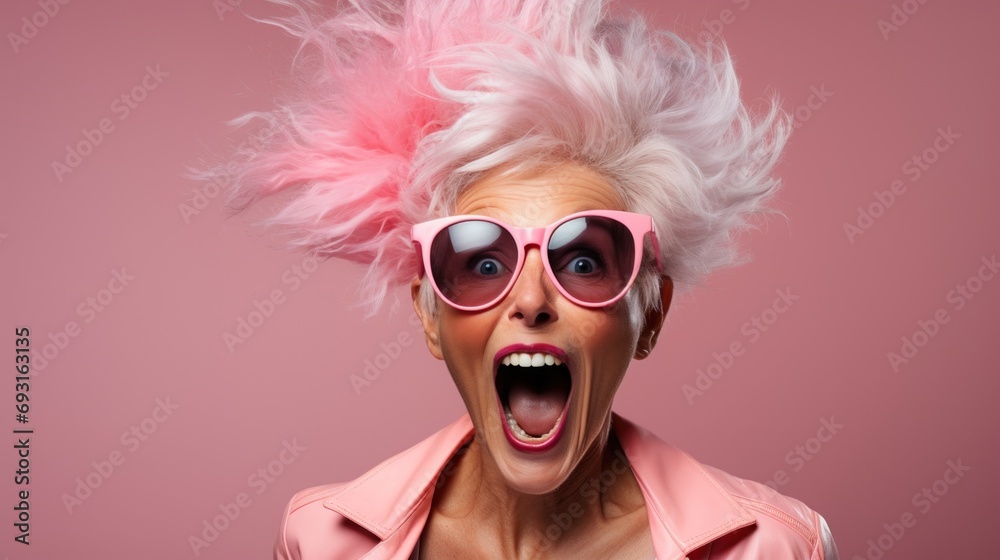 Old woman with a happy and surprised face in a peach Fuzz color clothes on a soft pastel background Old woman with a happy and surprised face in a peach Fuzz color clothes on a soft pastel background