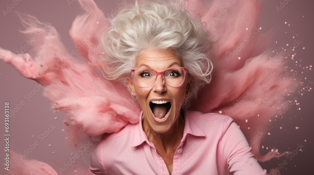 Old woman with a happy and surprised face in a peach Fuzz color clothes on a soft pastel background Old woman with a happy and surprised face in a peach Fuzz color clothes on a soft pastel background