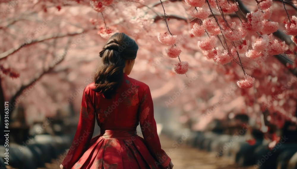 a chinese girl in front of thousands of cherry blossoms