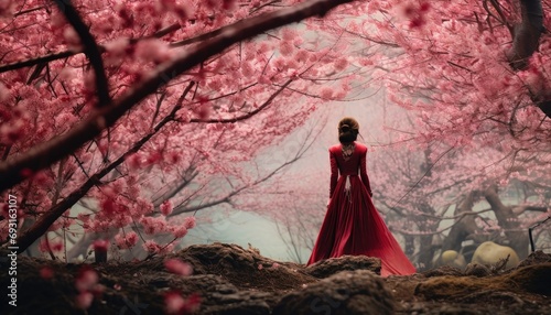 a chinese girl in front of thousands of cherry blossoms