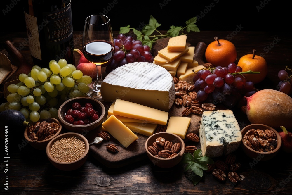 A visually stunning array of assorted cheeses spread out on a rustic table, showcasing a mix of textures, colors, and flavors