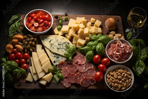cheese variations mozzarella, parmiggiano, bel paese, grana padano, fontina on the table photo
