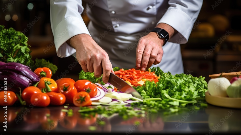 A close-up shot of a chef's hands as he expertly cuts vegetables with a sharp knife