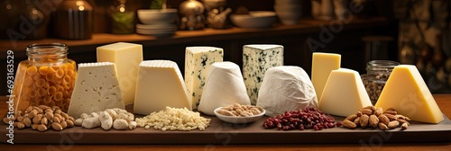 Indulge in a visually appealing display of assorted cheeses and nuts meticulously arranged on a decorative tray, creating a tempting spread of flavors and textures