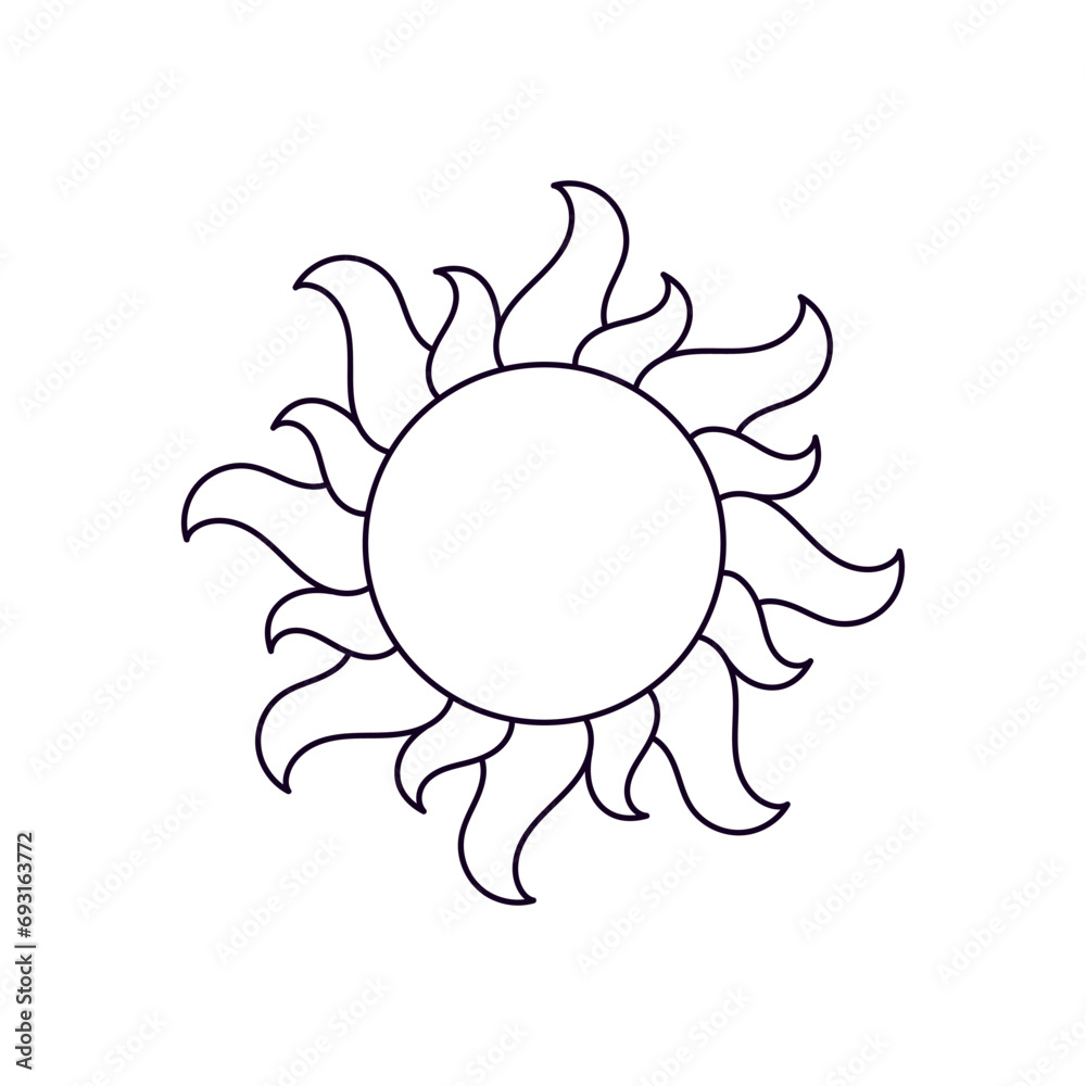 Sun with wavy rays. Icon, coloring page, black and white vector illustration. Sun with wavy rays. Icon, coloring page, black and white vector illustration.