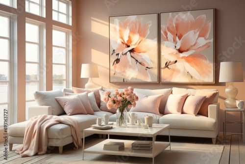 In this stylish living room, the trendy peach color scheme adds a touch of warmth and fuzz photo
