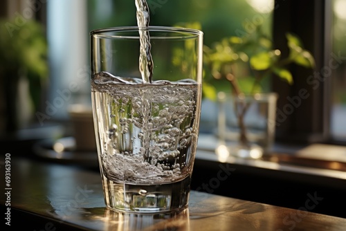 A clear glass filled with water rests peacefully on a wooden table, reflecting the ambient light in the room