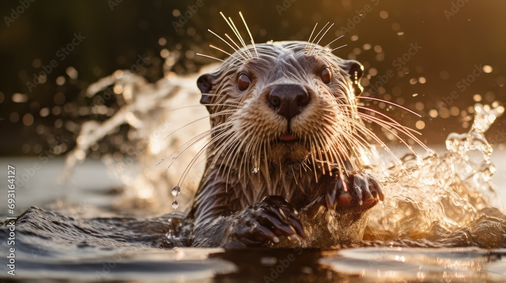 A curious and playful otter splashes through the water A curious and playful otter splashes through the water