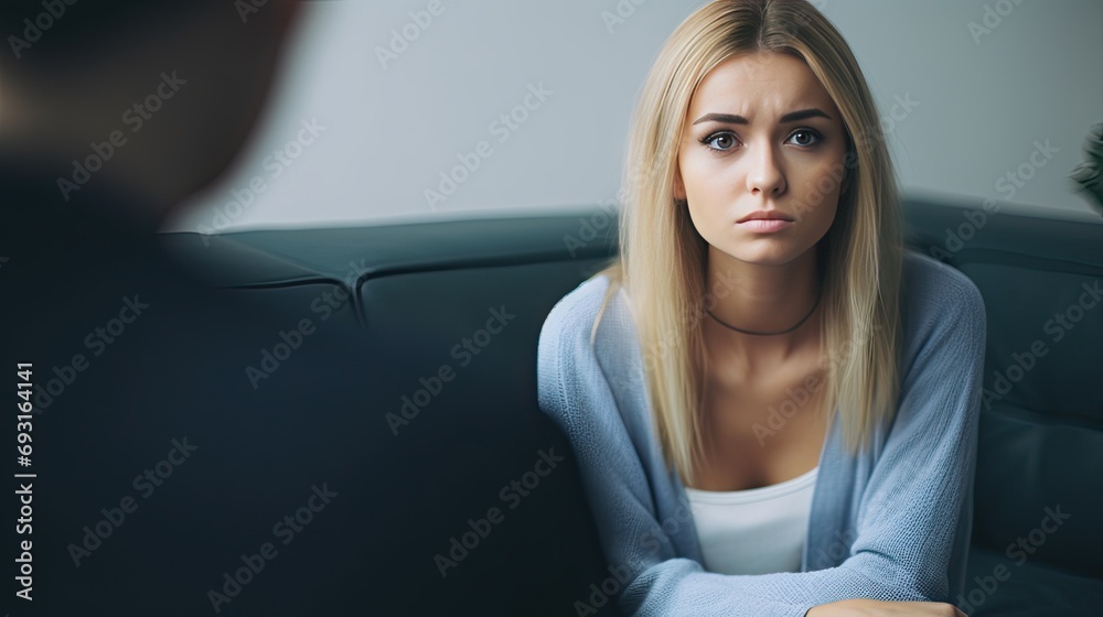 Young Caucasian woman at an appointment with a psychologist. She delves into the problem and helps the patient solve the problem. The psychotherapist listens carefully to the patient’s story. - obrazy, fototapety, plakaty 