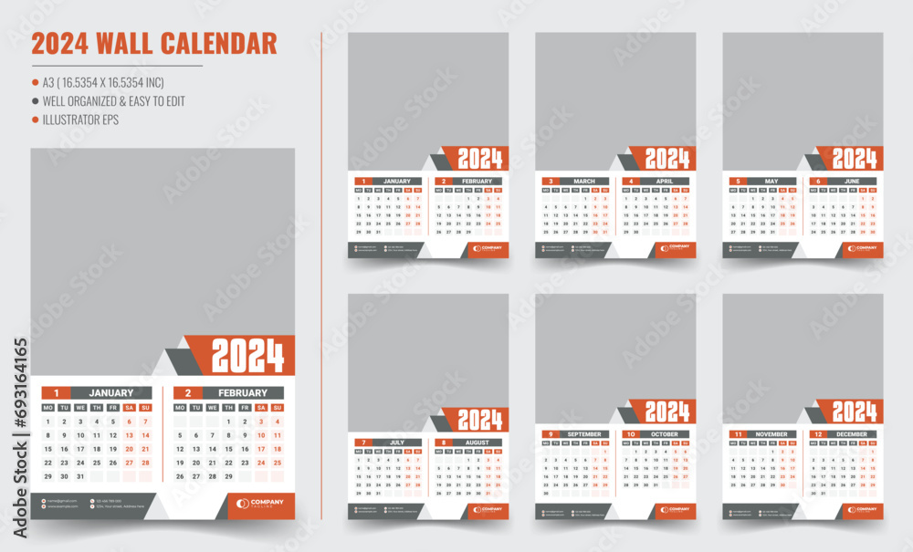 2024 6-page wall calendar template design. Editable wall calendar template 2024 6-page wall calendar template design. Editable wall calendar template