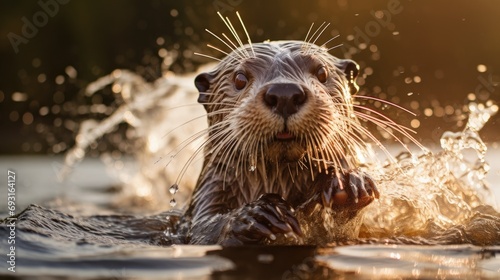A curious and playful otter splashes through the water