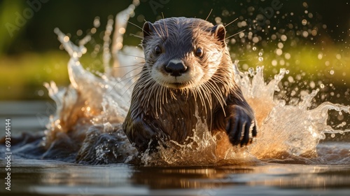 A curious and playful otter splashes through the water © ArtCookStudio