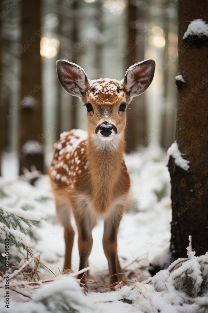 Small reindeer in pine tree forest Small reindeer in pine tree forest