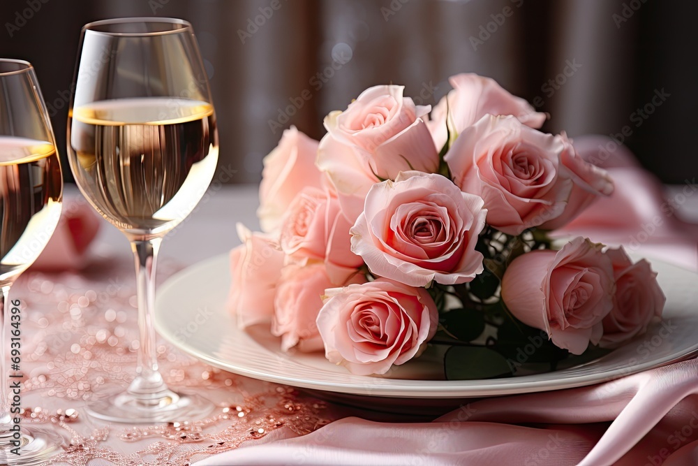 Pink rose wedding bouquet and champagne