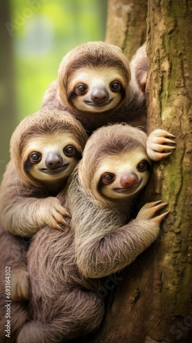 A family of adorable sloths clings contentedly to a tree trunk