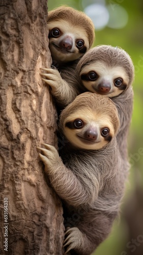 A family of adorable sloths clings contentedly to a tree trunk