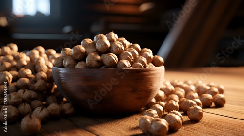 Hazelnuts in a wooden bowl on a wooden table. Close-up.