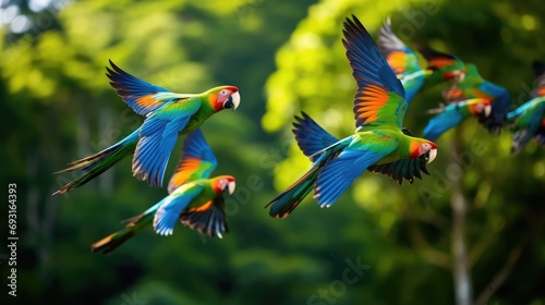 A flock of parrots in flight, their vibrant plumage contrasting against the lush green foliage