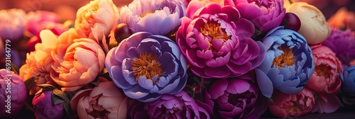 Peony flowers mix in sunny garden, banner wide view