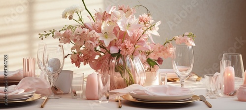 a glass vase with flowers and flatware on a table