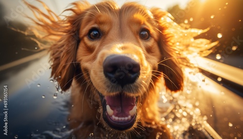 Cheerful dog sticking head out car window, enjoying high speed motion, blurred background © Ilja