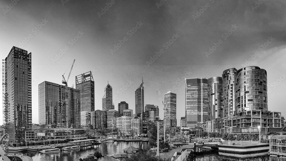 Aerial view of Perth skyline from Elisabeth Quay at sunset