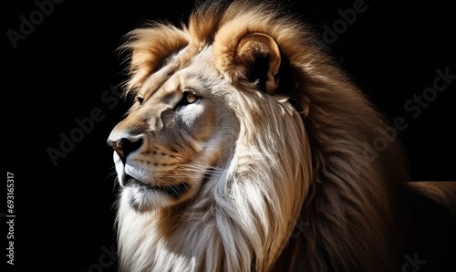 a lion with long hair is standing on a dark background