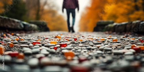 Symbolic journey of overcoming drug addiction with scattered pills on the ground and a person walking towards freedom in autumn photo