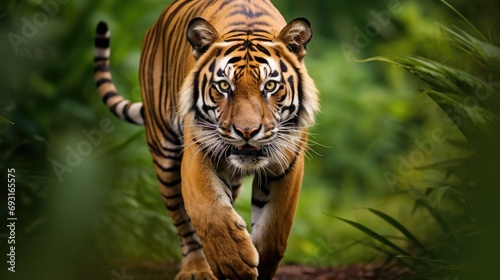 A majestic Bengal tiger  with its striking orange-and-black coat