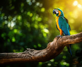 A majestic macaw posing on a tree trunk, with its vibrant blue and green feathers shining