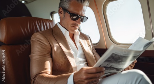 a man reading in an airplane while he takes off his shoes and sunglasses photo