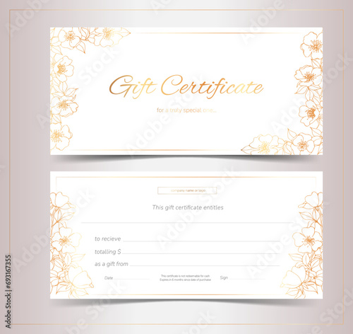 Elegant gift certificates with flowers. Golden sakura blooms on a light background. Gift voucher template for spa, cosmetics, beauty, restaurants