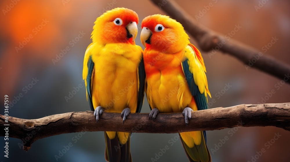 Obraz premium A pair of lovebirds sitting together on a branch, their bright orange and yellow feathers