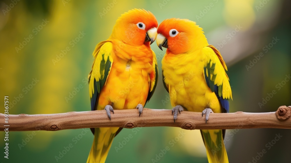 A pair of lovebirds sitting together on a branch, their bright orange and yellow feathers