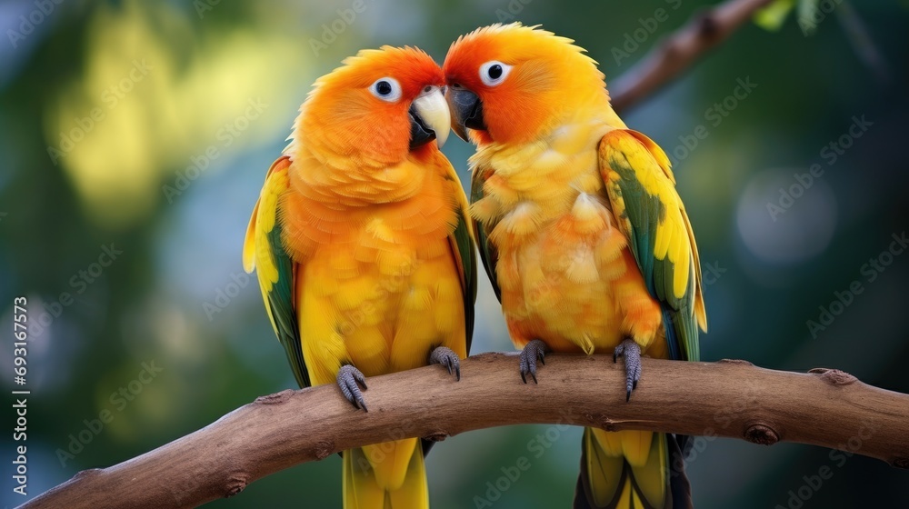 Obraz premium A pair of lovebirds sitting together on a branch, their bright orange and yellow feathers