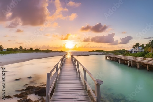 Panorama view of footbridge to the Smathers beach at sunrise