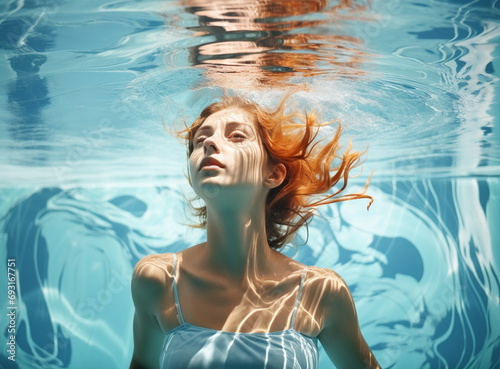 The girl in a beautiful dress under water