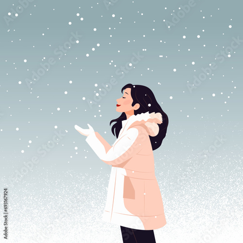 Vector flat illustration of a young girl in a warm jacket catching snowflakes. Cozy winter season.
