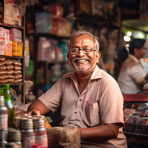 Indian shopkeeper smiling and giving happy expression photo