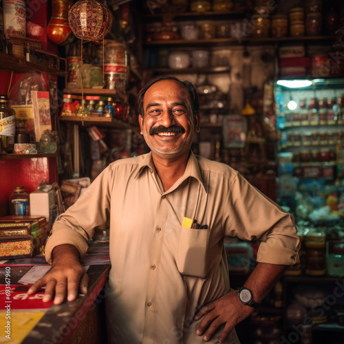 Indian shopkeeper smiling and giving happy expression