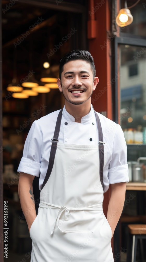 chef standing proudly in front of a restaurant, wearing his chef's jacket and a big smile chef standing proudly in front of a restaurant, wearing his chef's jacket and a big smile