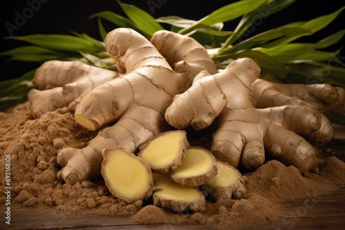 Fresh ginger with green leaves on wooden table photo