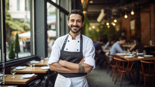 chef standing proudly in front of a restaurant, wearing his chef's jacket and a big smile
