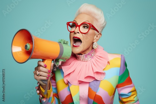 Elegant mature woman expressing her emotions with a megaphone in a vibrant fashion studio setting
