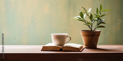 Cup, book, plant on table.