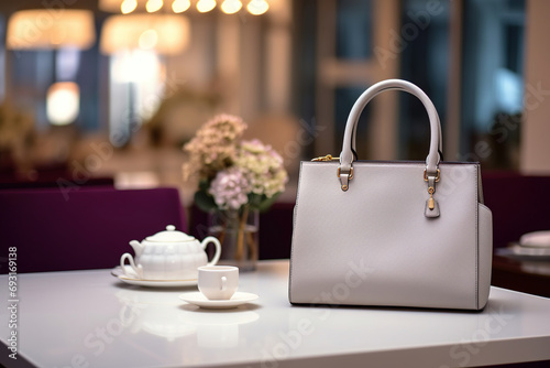 Woman`s gray handbag on table