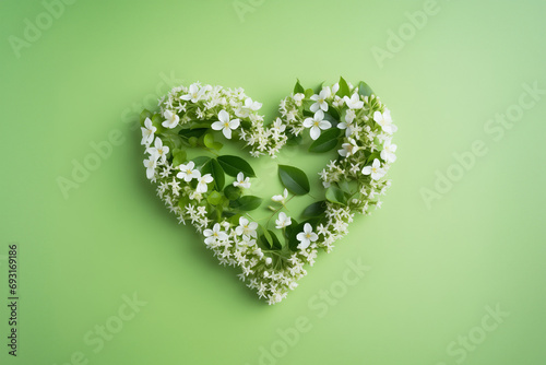 Valentine's day heart shaped natural tree branches with green fresh foliage and flowers banner postcard with empty space on green background. Generative AI