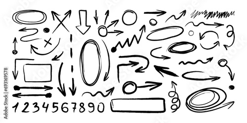 Grunge charcoal arrows frames mugs numbers scratches. Hand drawn doodles with marker pencil and chalk. Flat doodle style. Vector illustration.