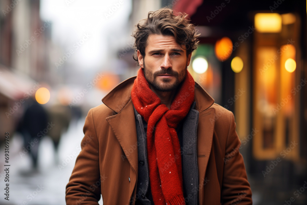 Portrait of a handsome stylish male model in a coat and scarf walking on street, lifestyle. Men's winter fashion, seasonal clothing Portrait of a handsome stylish male model in a coat and scarf walking on street, lifestyle. Men's winter fashion, seasonal clothing
